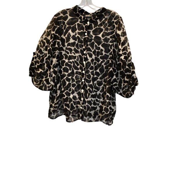 Women's Dots Black & Beige Very Sheer Animal Print Oversize Blouse Size L - Picture 1 of 6